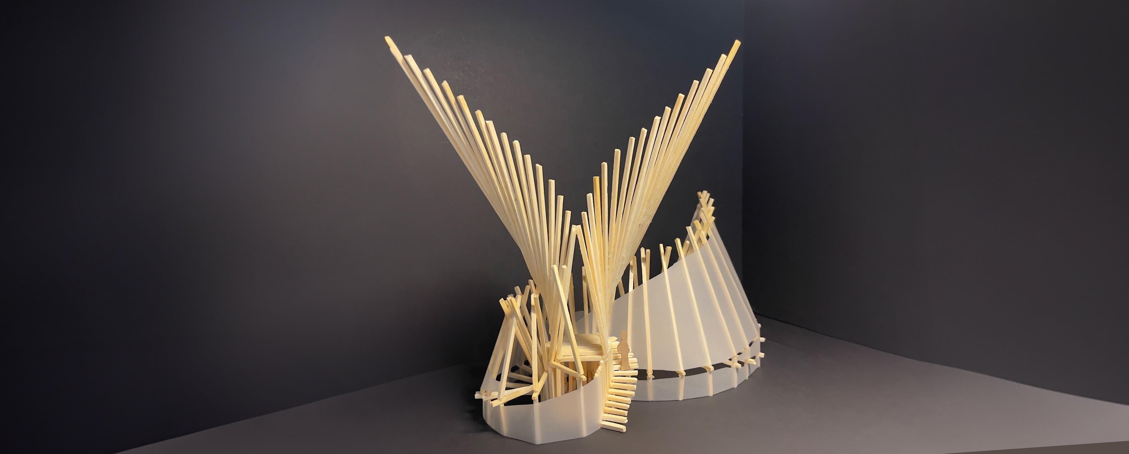 Physical model on a dark background: wooden sticks fan upward like wings above a curved translucent wall.