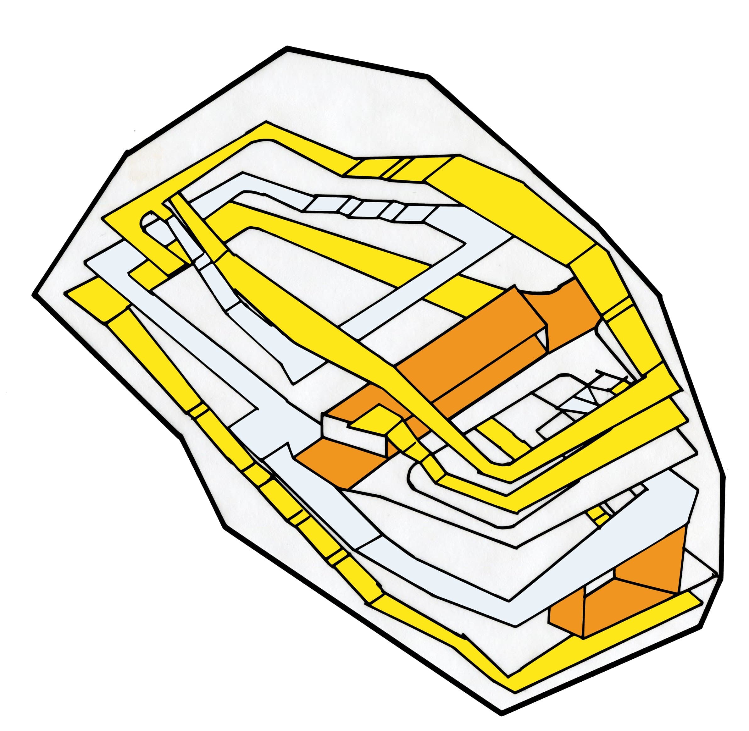 Axonometric circulation diagram of the Plasencia Congress Center, with circulation paths in yellow and orange.